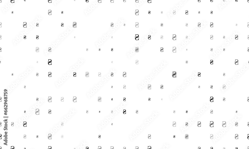 Seamless background pattern of evenly spaced black hryvnia symbols of different sizes and opacity. Illustration on transparent background