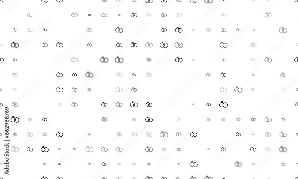 Seamless background pattern of evenly spaced black wedding rings symbols of different sizes and opacity. Illustration on transparent background