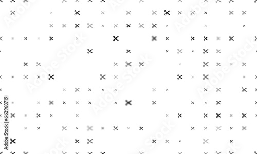 Seamless background pattern of evenly spaced black scissors symbols of different sizes and opacity. Vector illustration on white background