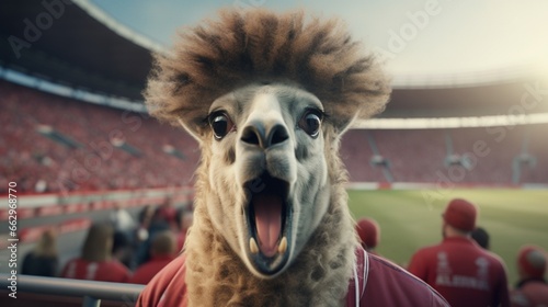 llama football fan in tracksuit emotionally shouts at stadium background, Generative AI photo