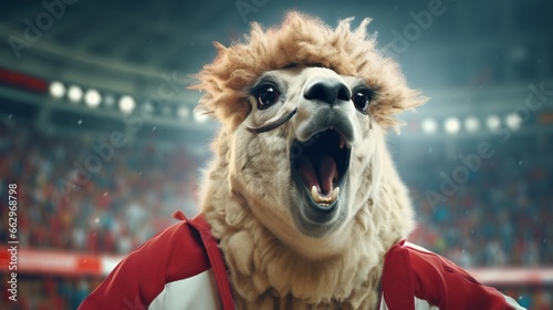 llama football fan in tracksuit emotionally shouts at stadium background, Generative AI photo