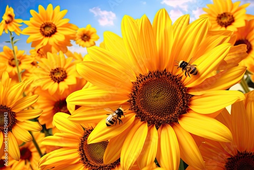 Stunning Sunflower Clipart: Fully Blooming Flower Surrounded by Nectar-Gathering Bees, generative AI