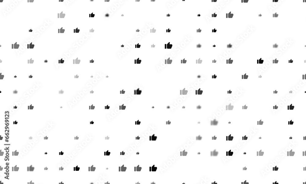 Seamless background pattern of evenly spaced black thumb up symbols of different sizes and opacity. Illustration on transparent background