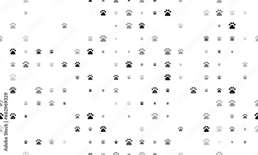 Seamless background pattern of evenly spaced black pet symbols of different sizes and opacity. Vector illustration on white background