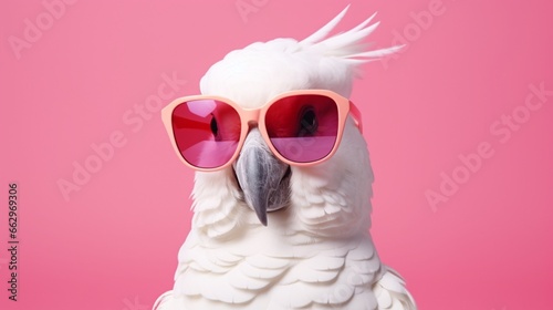 Portrait of funny white cockatoo parrot wearing sunglasses. Domestic pet bird, animal. Solid pink pastel background. Tropical summer vacation concept, web banner. Cute birthday party card, invitation. © Nairobi 