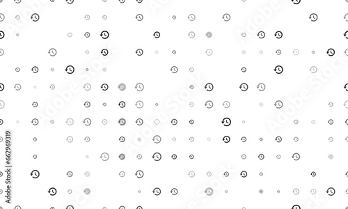 Seamless background pattern of evenly spaced black time back symbols of different sizes and opacity. Vector illustration on white background
