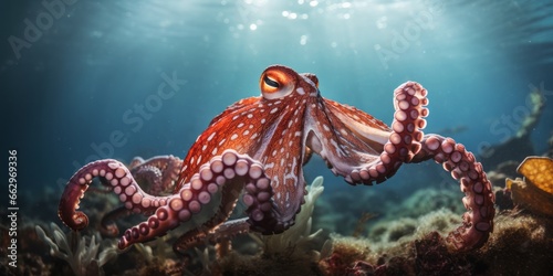 Graceful Aquatic Ballet  An Octopus Glides Through the Underwater Realm  Its Tentacles Creating an Enchanting Display of Marine Elegance