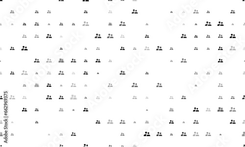 Seamless background pattern of evenly spaced black group symbols of different sizes and opacity. Vector illustration on white background