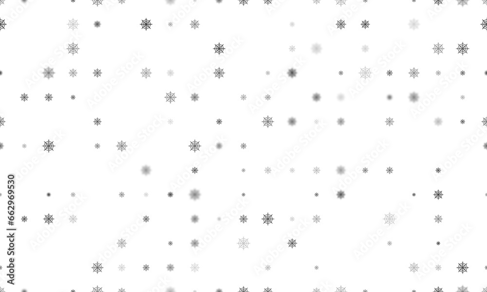 Seamless background pattern of evenly spaced black spider web symbols of different sizes and opacity. Illustration on transparent background