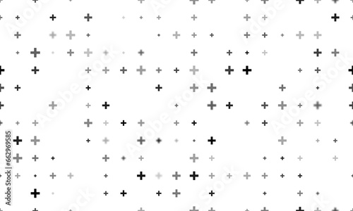 Seamless background pattern of evenly spaced black plus symbols of different sizes and opacity. Illustration on transparent background