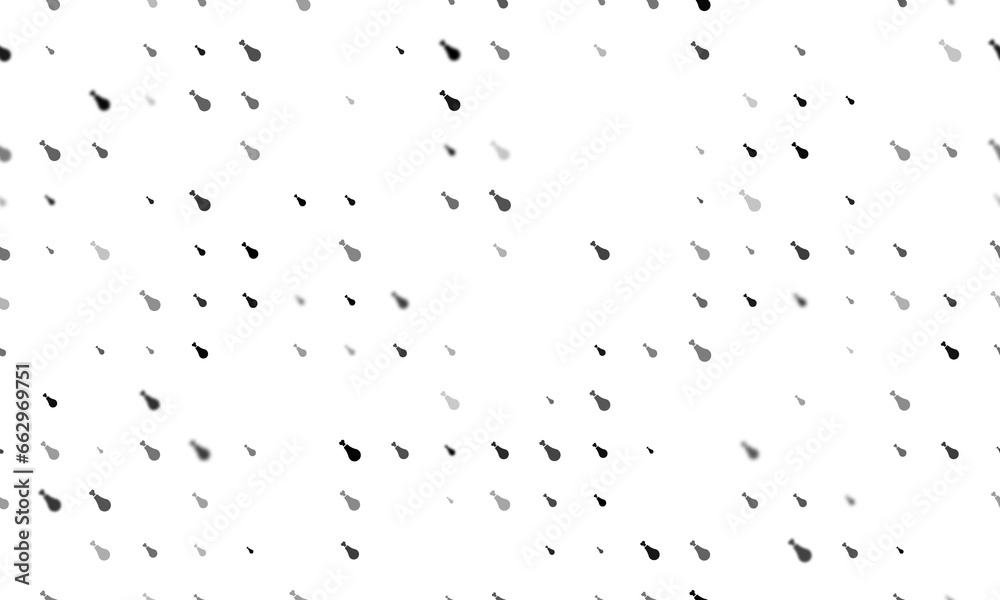 Seamless background pattern of evenly spaced black chicken's leg symbols of different sizes and opacity. Illustration on transparent background