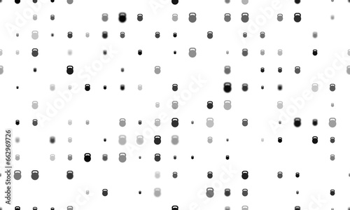 Seamless background pattern of evenly spaced black sports weight symbols of different sizes and opacity. Illustration on transparent background