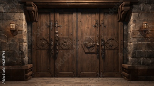Wooden doors in medieval castle.