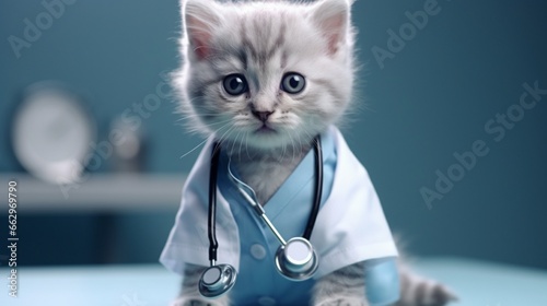 young feline dressed as a doctor with a stethoscope around the neck and glasses. Cute and funny image for veterinary or medical content. Symbol of caring and expertise. Generative AI Technology