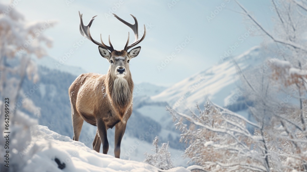 A Siberian deer in a winter landscape, its fur adapted to the snowy environment, creating a serene and picturesque scene captured by the HD camera. A Siberian deer in a winter landscape, its fur adapted to the snowy environment, creating a serene and picturesque scene captured by the HD camera.