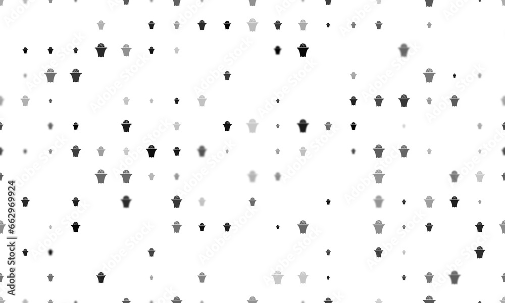 Seamless background pattern of evenly spaced black basketball symbols of different sizes and opacity. Illustration on transparent background