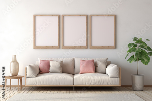 Minimalistic room interior with picture, poster, photo frame mockup on wall in light, neutral colors.  Generative AI © Karina