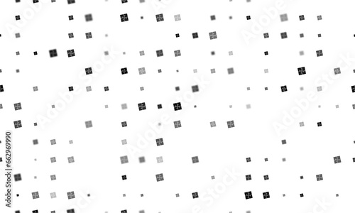 Seamless background pattern of evenly spaced black puzzle symbols of different sizes and opacity. Illustration on transparent background