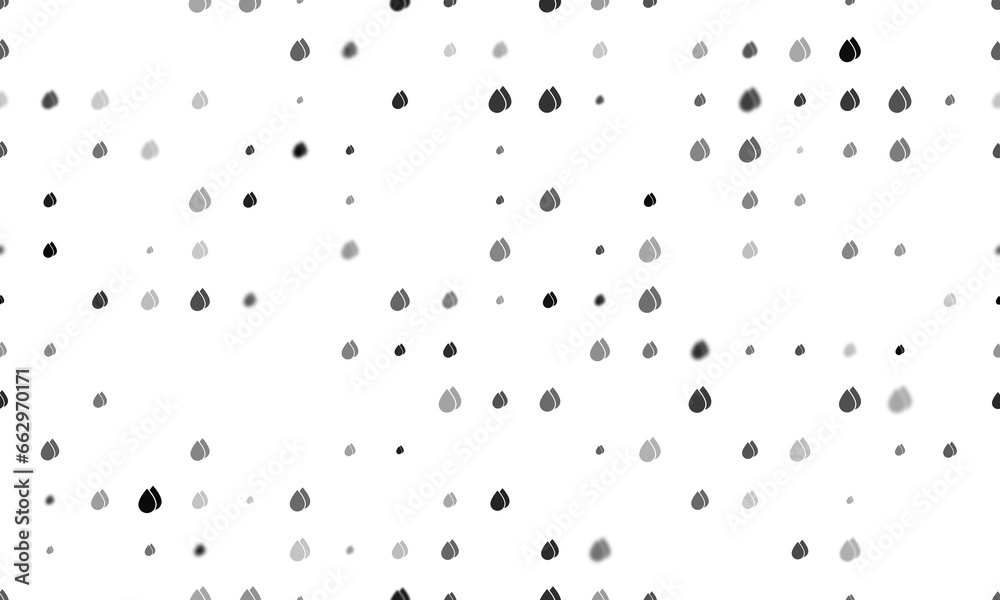Seamless background pattern of evenly spaced black water drop symbols of different sizes and opacity. Illustration on transparent background