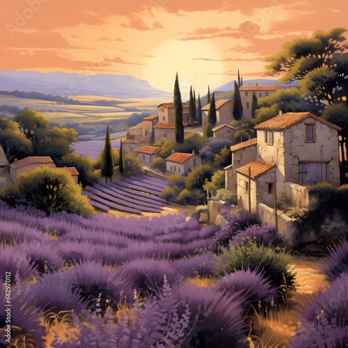 Village de Provence sous un coucher de soleil photo