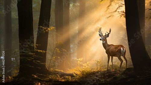 A White-tailed Deer in a misty morning forest, the camera capturing the ethereal beauty as the deer moves gracefully through the soft glow of the light.