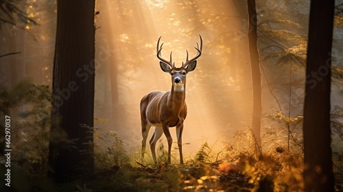 A White-tailed Deer in a misty morning forest  the camera capturing the ethereal beauty as the deer moves gracefully through the soft glow of the light.