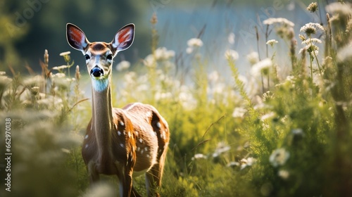 A White-tailed Deer peacefully grazing in a meadow, the camera capturing the soft details of its fur and the natural beauty of its surroundings.