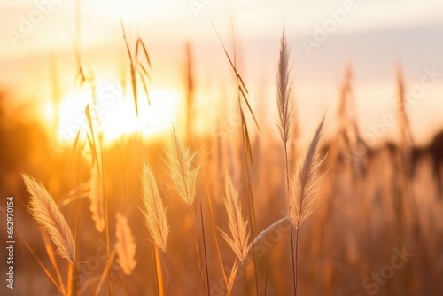Sunset in the field. Close view of grass stems