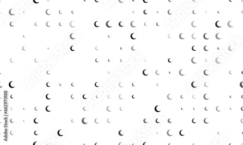 Seamless background pattern of evenly spaced black moon symbols of different sizes and opacity. Vector illustration on white background