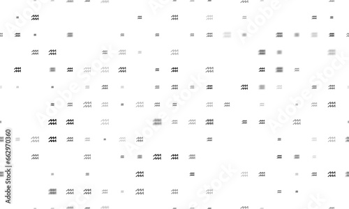 Seamless background pattern of evenly spaced black zodiac aquarius symbols of different sizes and opacity. Illustration on transparent background