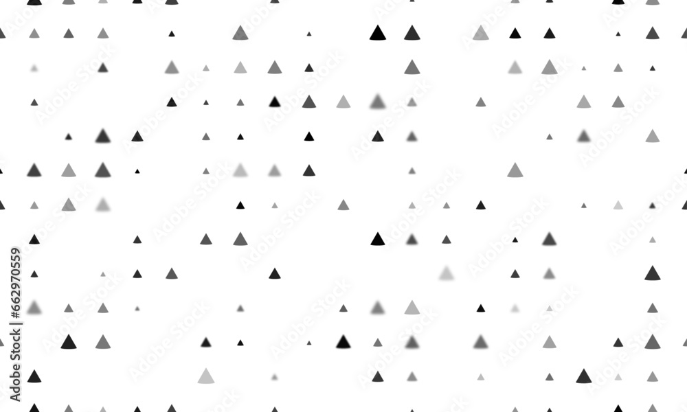 Seamless background pattern of evenly spaced black cone symbols of different sizes and opacity. Vector illustration on white background