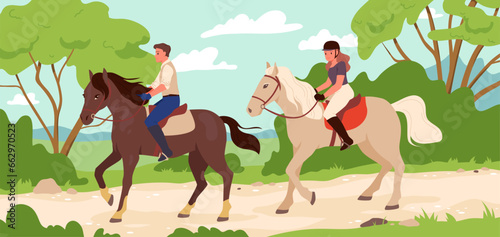 Horse ride of couple in nature vector illustration. Cartoon man and woman in jockey outfit sitting on backs of running horses, horseriding lesson or walk of young equestrians with riders gear