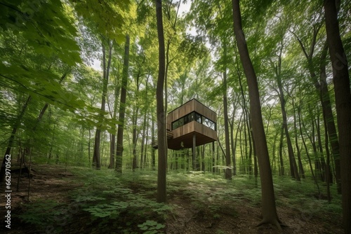 Huge wooded tree shelters a dwelling within a serene forest. Generative AI