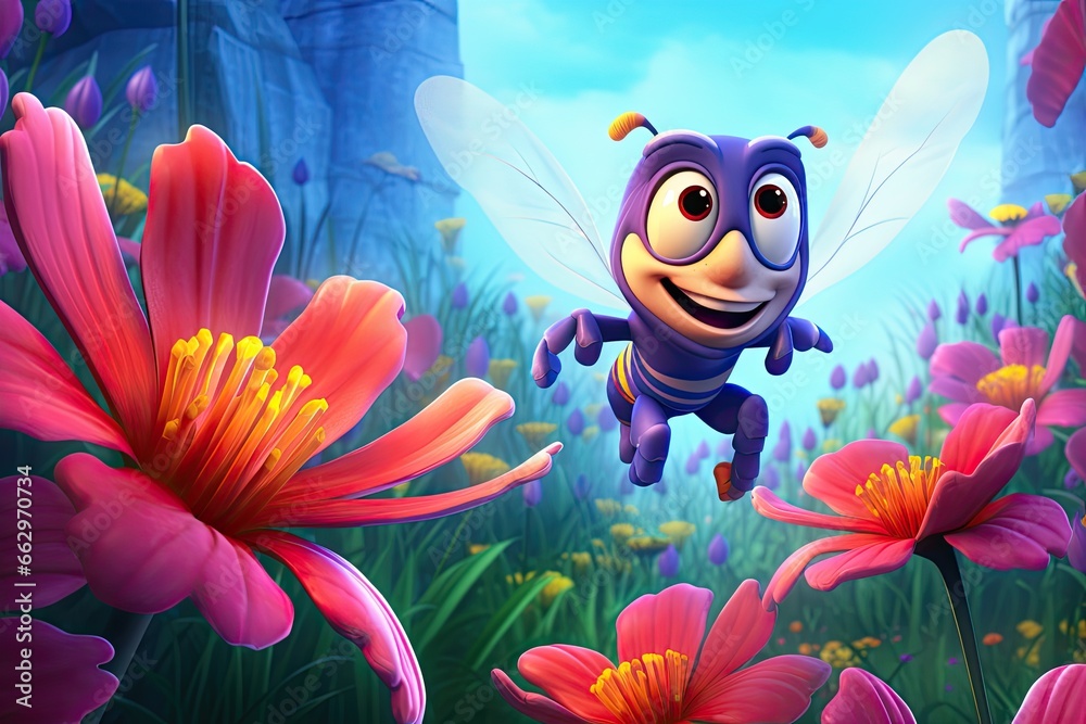 Cartoon Bee: Buzzing Among Vibrant Flower Garden, Flapping Tiny Wings to Collect Nectar from Colorful Blossoms, generative AI