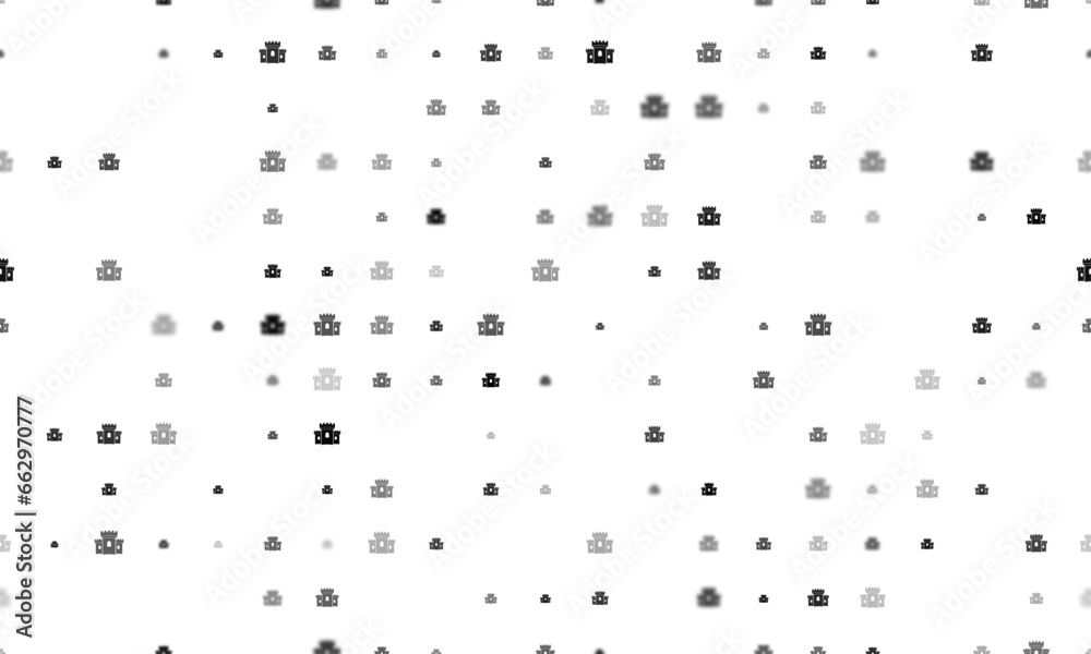 Seamless background pattern of evenly spaced black castle symbols of different sizes and opacity. Vector illustration on white background