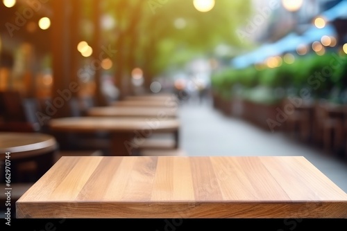 Wooden board empty table in front of blurred background