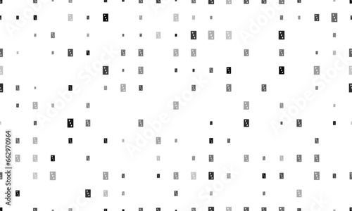 Seamless background pattern of evenly spaced black Three of diamonds playing cards of different sizes and opacity. Vector illustration on white background