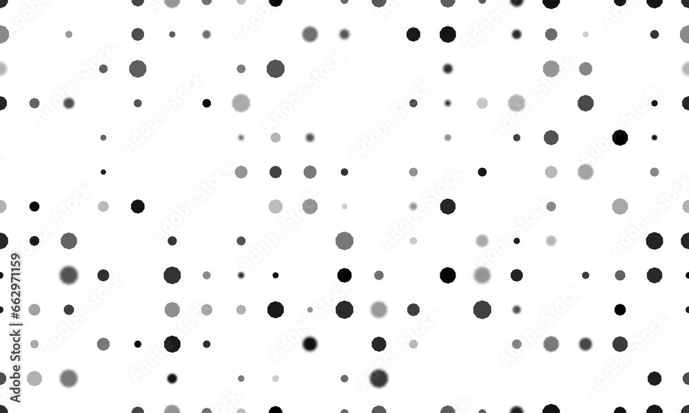 Seamless background pattern of evenly spaced black decagon symbols of different sizes and opacity. Illustration on transparent background