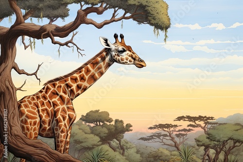 Cartoon Giraffe  Gracefully Munching on Highest Tree Branches in African Skyline  generative AI