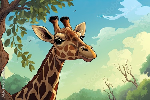 Cartoon Giraffe  Munching on Leaves with Serene Savannah Landscape  generative AI