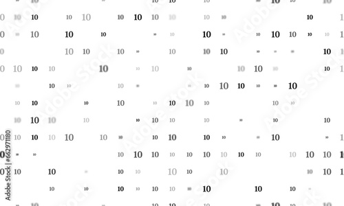 Seamless background pattern of evenly spaced black number ten symbols of different sizes and opacity. Illustration on transparent background
