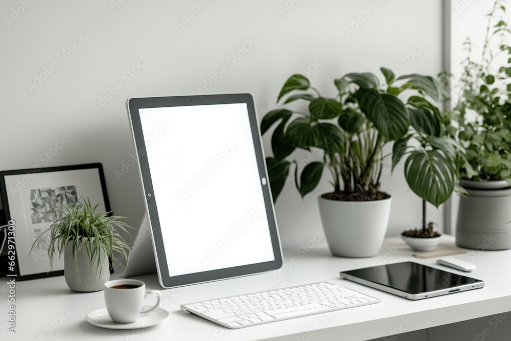 Freelancer workspace with blank tablet on white table. Generative AI Freelancer workspace with blank tablet on white table. Generative AI