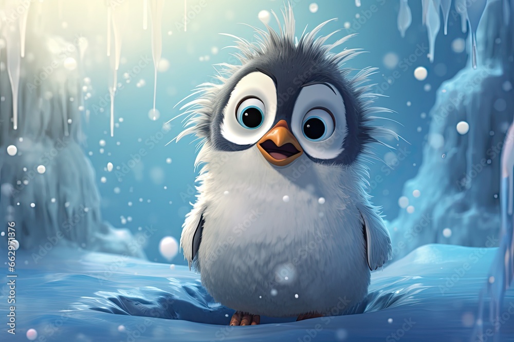 Cartoon Penguin Waddling in Antarctica: Fluffy Coat for Cold Terrain, generative AI