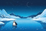 Cartoon Penguin Sliding Playfully on Smooth Ice Patch: Enjoying Chilly Antarctic Climate, generative AI