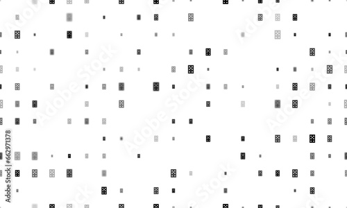 Seamless background pattern of evenly spaced black seven of clubs playing cards of different sizes and opacity. Illustration on transparent background