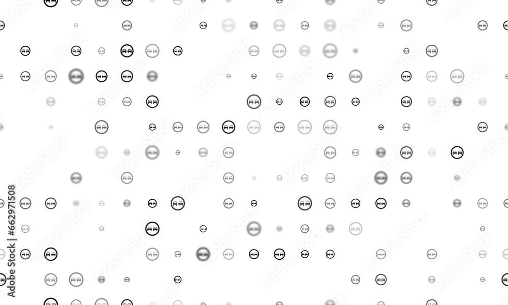 Seamless background pattern of evenly spaced black no overtaking signs of different sizes and opacity. Illustration on transparent background