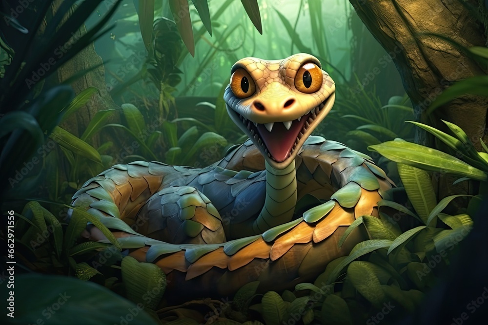 Cartoon Snake: Slithering Stealthily Across the Jungle Floor, Eyes Focused and Alert, generative AI