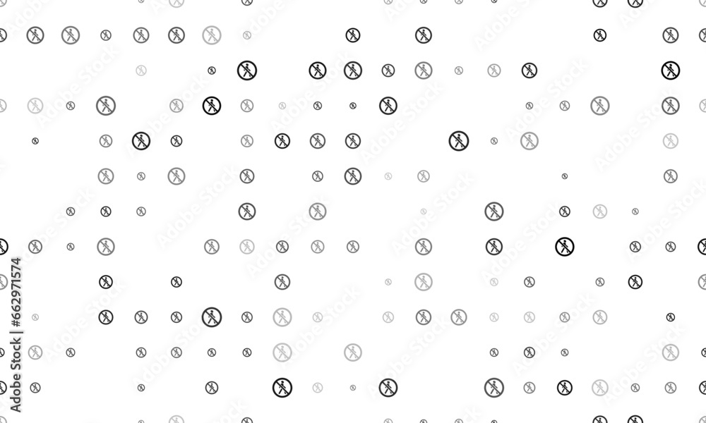 Seamless background pattern of evenly spaced black pedestrian traffic prohibited signs of different sizes and opacity. Vector illustration on white background