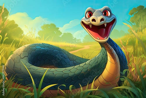 Cartoon Snake: Slithering through Grass in Elegant S-Pattern, Forked Tongue Tasting Air, generative AI