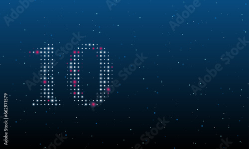On the left is the number ten symbol filled with white dots. Background pattern from dots and circles of different shades. Vector illustration on blue background with stars